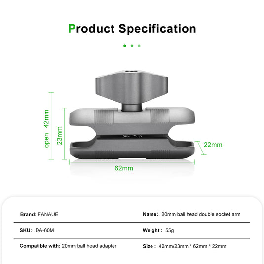FANAUE Aluminum Double Socket Arm Compatible With 20mm Ball