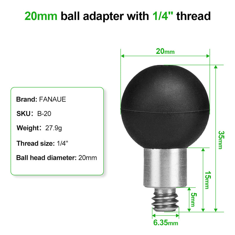 Load image into Gallery viewer, FANAUE 20mm Ball Head Adapter with 1/4" Thread Compatible with All Brands of 20mm Ball Double Socket Arm and Bike Motorcycle Phone Holder Base
