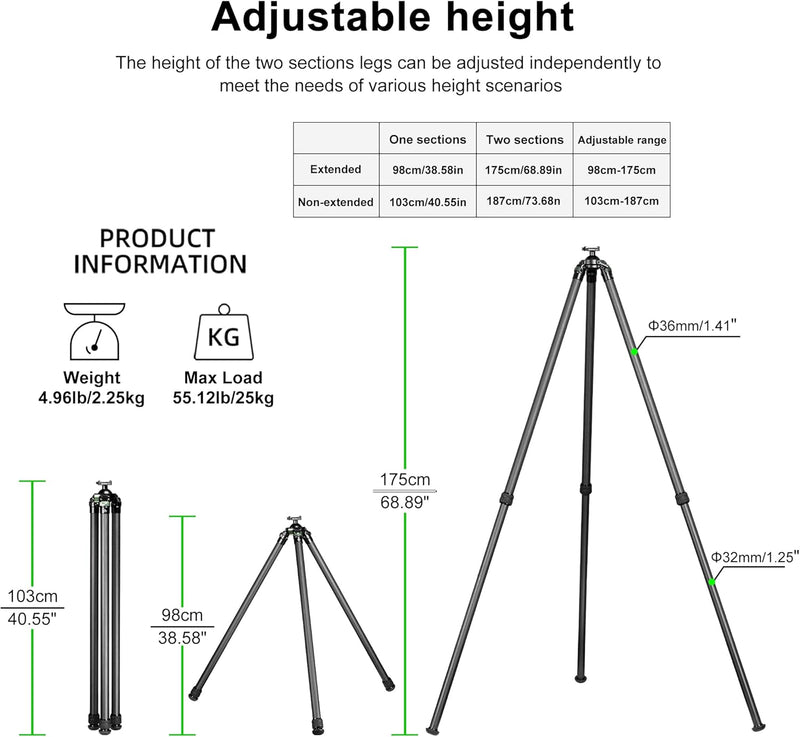 Load image into Gallery viewer, FANAUE ST-3620-65 Carbon Fiber Tripod  With Arca Swiss quick release plate clamp with Rotating Ball Head Adapter,Load 55.12lb/25kg
