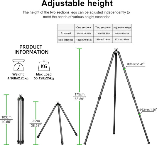 FANAUE ST-3620-65 Carbon Fiber Tripod  With Arca Swiss quick release plate clamp with Rotating Ball Head Adapter,Load 55.12lb/25kg