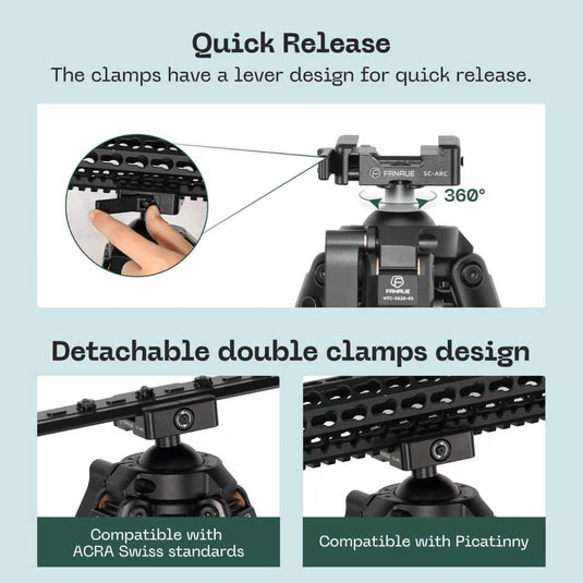 FANAUE HTC series Interted Carbon Fiber Tripod For Hunting Shooting,Compatible With Arca Swiss And Picatinny Rail (2/3 section,Load:30kg)