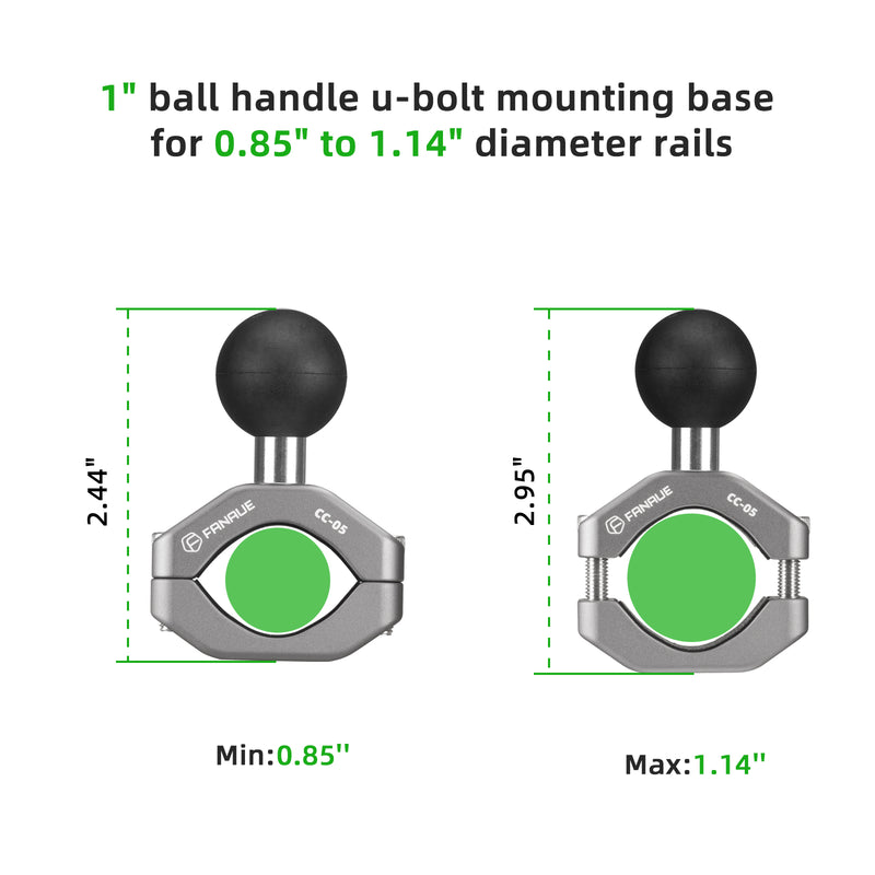 Load image into Gallery viewer, FANAUE Handlebar U-Bolt Base for Rails 0.85" to 1.14" in Diameter CC-05 Rod Clamp with B Size 1" Ball For RAM Mounts

