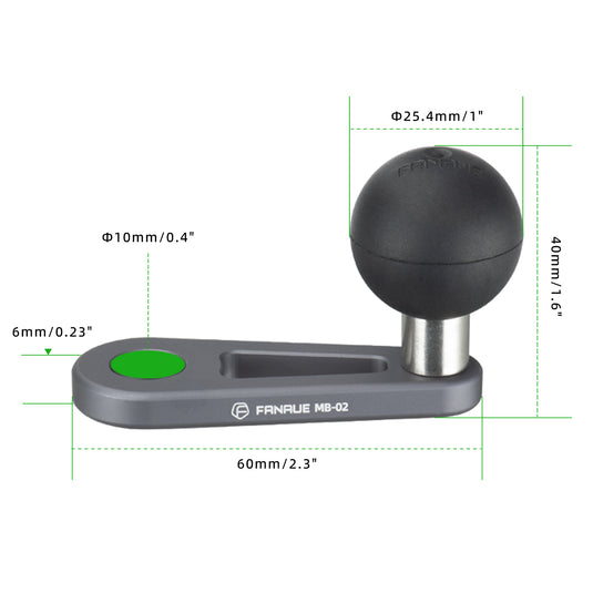 FANAUE MB-02 1'' Ball Mount Base with 10mm Mounting Hole,Right Angle Motorcycle Rearview Mirror Mounting Base, Compatible with DA-60 DA-90 DA-150 Double Socket Arm and Other Compatible Devices